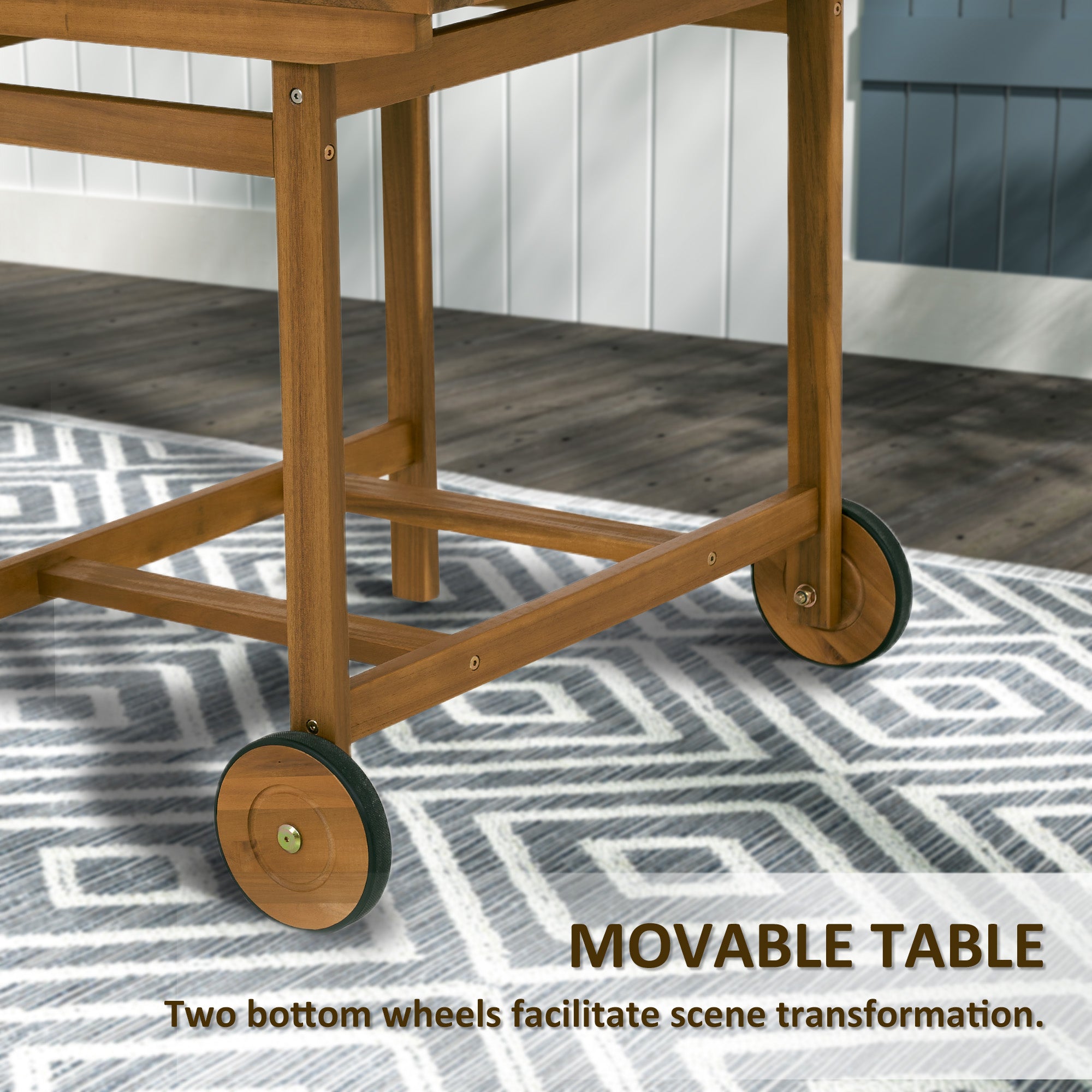 Outsunny 5 Pieces Patio Dining Set for 4, Wheeled Table and Folding Chairs with Cushions, Wood Patio Table and Chairs, Outdoor Furniture Set for Garden Backyard Poolside, Teak