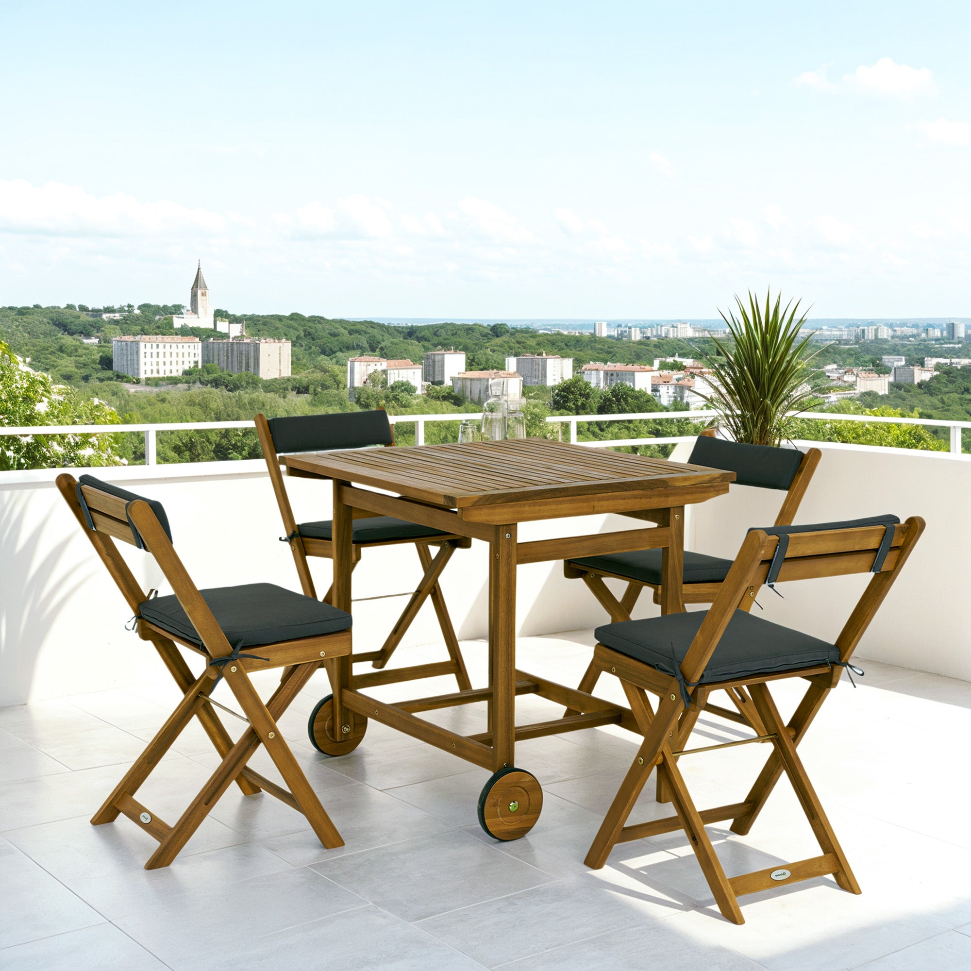 Outsunny 5 Pieces Patio Dining Set for 4, Wheeled Table and Folding Chairs with Cushions, Wood Patio Table and Chairs, Outdoor Furniture Set for Garden Backyard Poolside, Teak