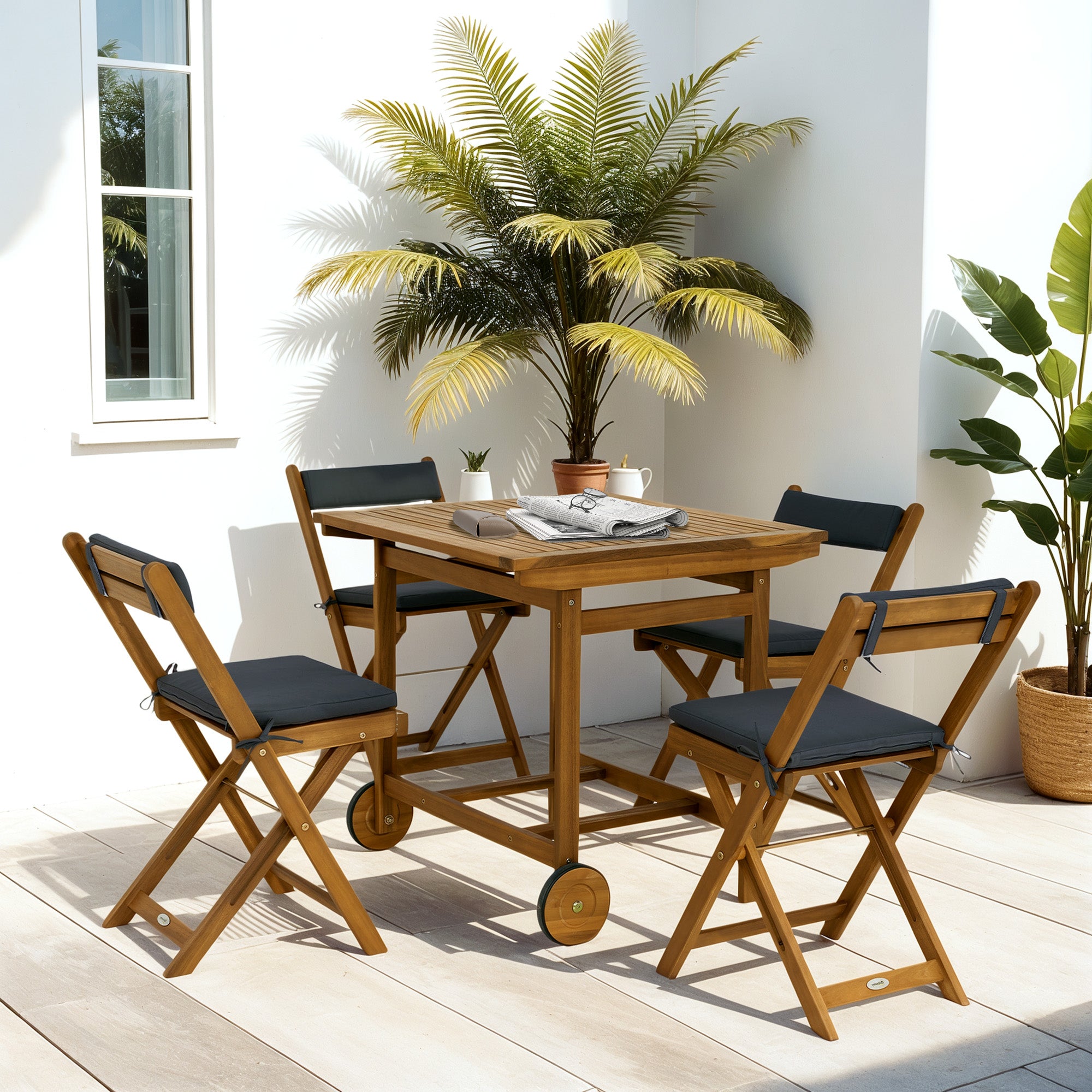 Outsunny 5 Pieces Patio Dining Set for 4, Wheeled Table and Folding Chairs with Cushions, Wood Patio Table and Chairs, Outdoor Furniture Set for Garden Backyard Poolside, Teak