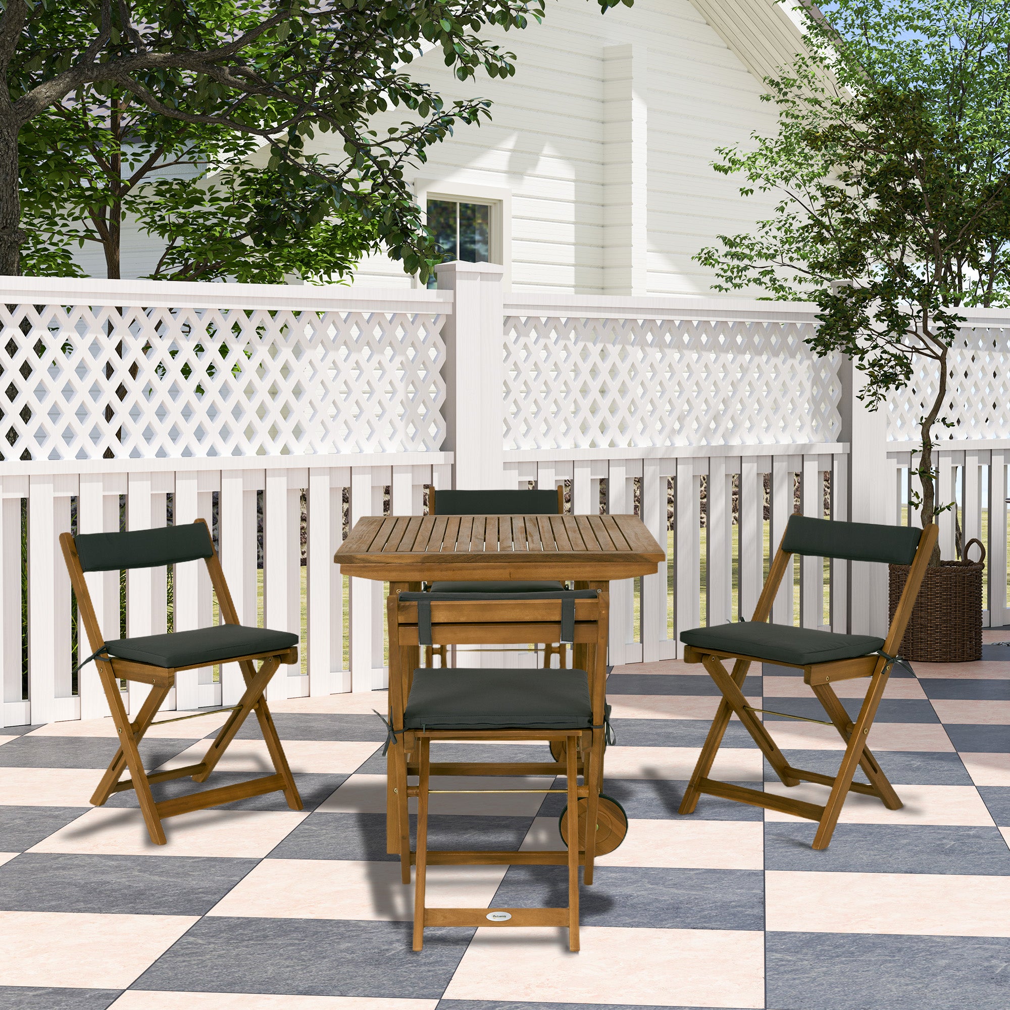 Outsunny 5 Pieces Patio Dining Set for 4, Wheeled Table and Folding Chairs with Cushions, Wood Patio Table and Chairs, Outdoor Furniture Set for Garden Backyard Poolside, Teak