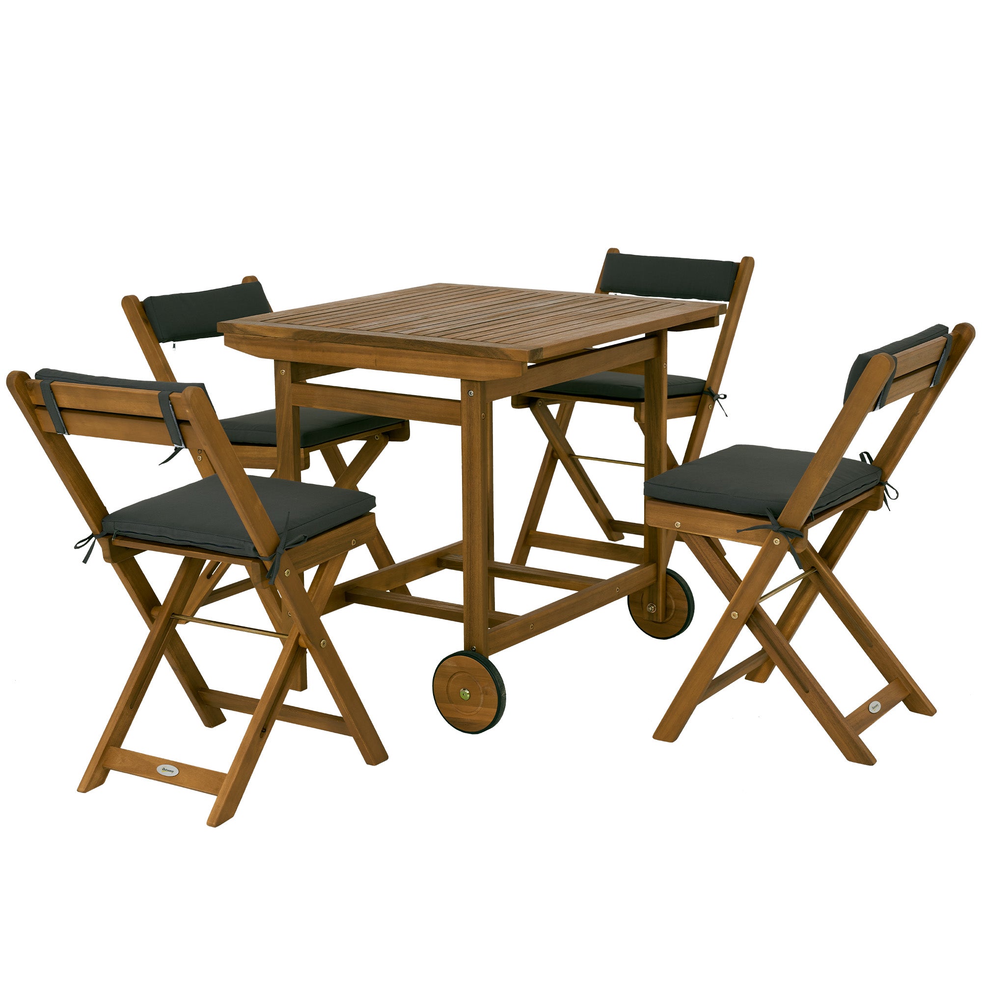 Outsunny 5 Pieces Patio Dining Set for 4, Wheeled Table and Folding Chairs with Cushions, Wood Patio Table and Chairs, Outdoor Furniture Set for Garden Backyard Poolside, Teak