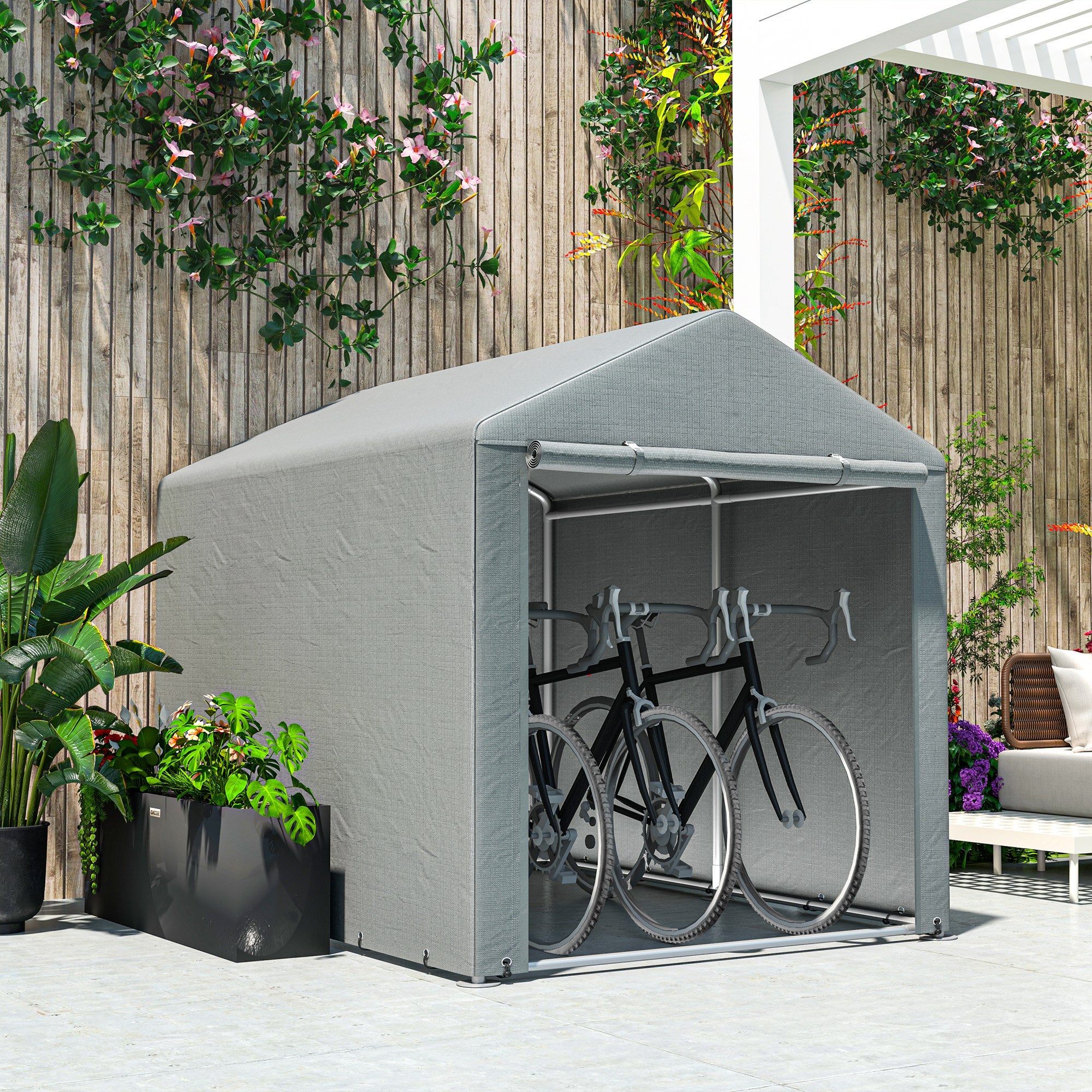 Outsunny Bike Storage Tent, Portable Bicycle Shed with Galvanized Steel Frame and Large Door, Waterproof Outdoor Storage Shed for Motorbike, Garden Tools, Bike Storage, Light Grey
