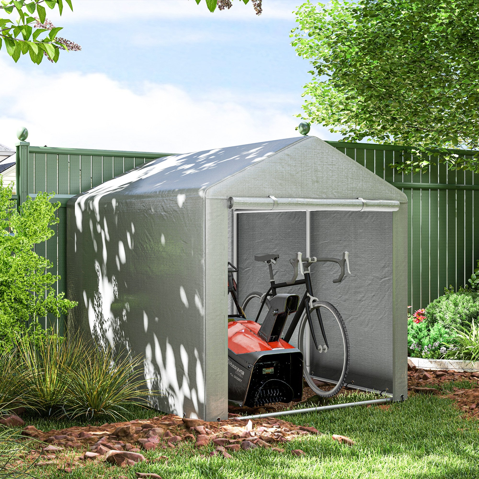 Outsunny Bike Storage Tent, Portable Bicycle Shed with Galvanized Steel Frame and Large Door, Waterproof Outdoor Storage Shed for Motorbike, Garden Tools, Bike Storage, Light Grey